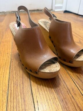 Sam Edelman Tan Brown Leather Peep-Toe Cork Wedge Sandals